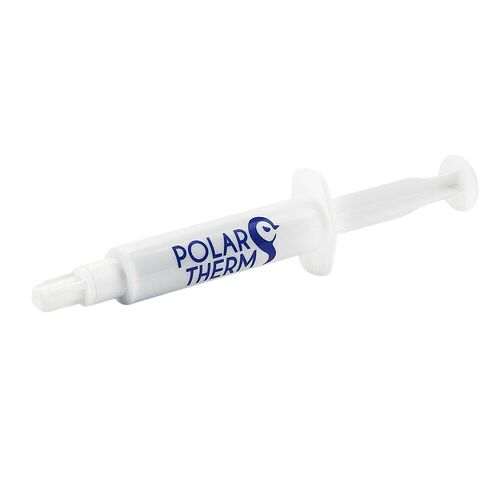 Une seringue de pâte thermique de la marque Polar Therm, présentée sur fond noir.