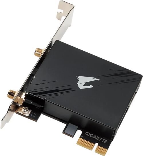 Carte réseau Gigabyte avec deux connecteurs d'antenne dorés et un profil de montage métallique.