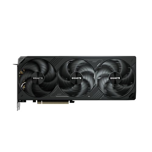 Carte graphique Gigabyte avec trois ventilateurs noirs et un design sobre sur fond noir.