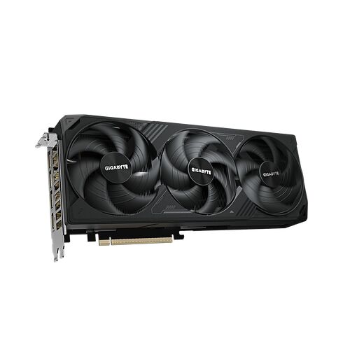 Carte graphique Gigabyte avec trois ventilateurs noirs et un design sobre sur fond noir.
