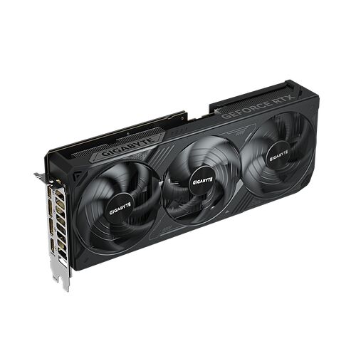 Carte graphique Gigabyte GeForce RTX avec trois ventilateurs de refroidissement sur un fond noir.