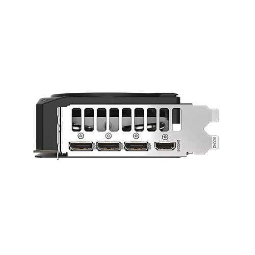 Une carte graphique avec plusieurs ports de sortie vidéo, dont trois ports HDMI et un port DisplayPort, sur un fond noir.