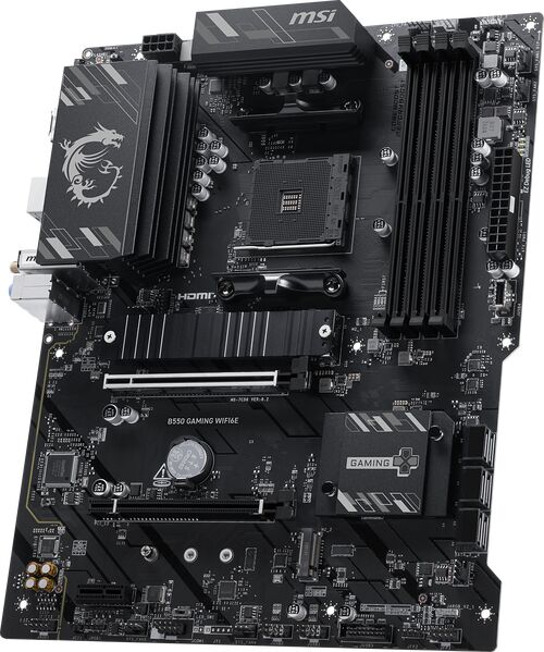 Carte mère MSI B550 Gaming WiFi 6E de couleur noire avec des dissipateurs thermiques noirs et le logo MSI.