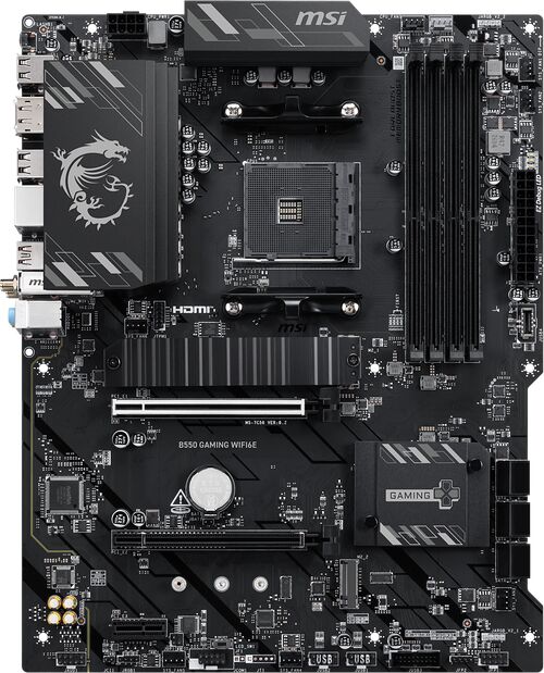Carte mère MSI B550 Gaming WiFi 6E de couleur noire avec des dissipateurs thermiques et des emplacements pour mémoire RAM.
