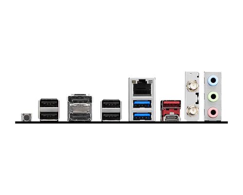 Diverses connectiques d'arrière de PC, incluant des ports USB, un port Ethernet, un port HDMI et des prises jack audio.