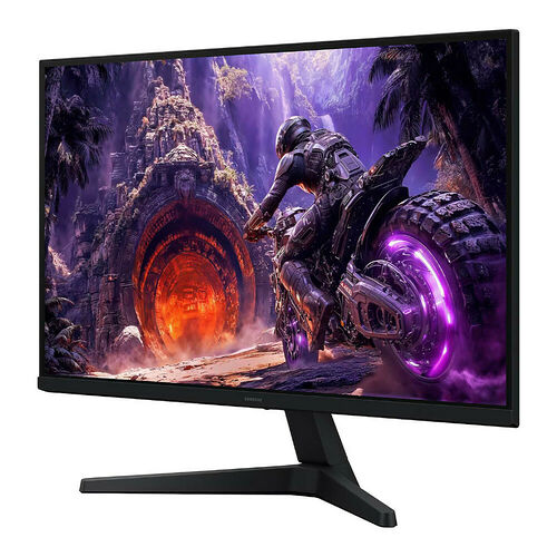 Écran de PC Samsung affichant une scène de jeu vidéo avec un personnage sur une moto dans un décor fantastique.