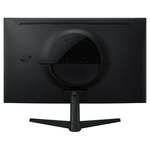 L'arrière d'un écran de PC gamer noir avec un pied en forme de T et un support de montage circulaire au centre.