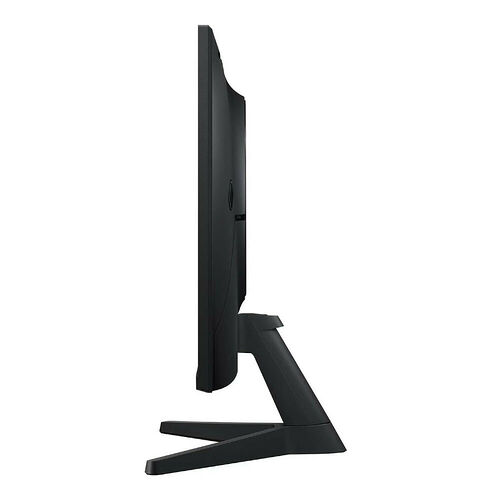 Écran d'ordinateur noir avec un pied de support en forme de V, présenté de profil sur un fond blanc.