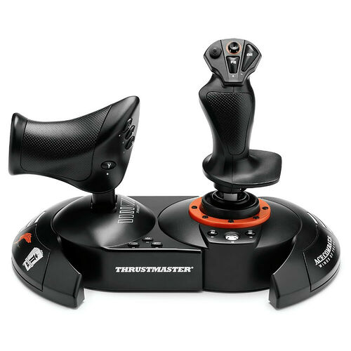 Joystick et manette de commande Thrustmaster pour simulateur de vol, de couleur noire avec des détails rouges.