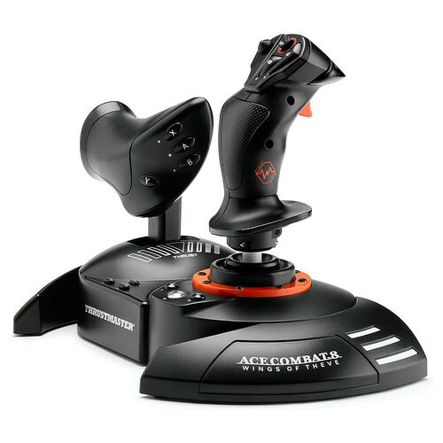 Joystick et manette de gaz Thrustmaster pour Ace Combat 8, de couleur noire avec des détails rouges.