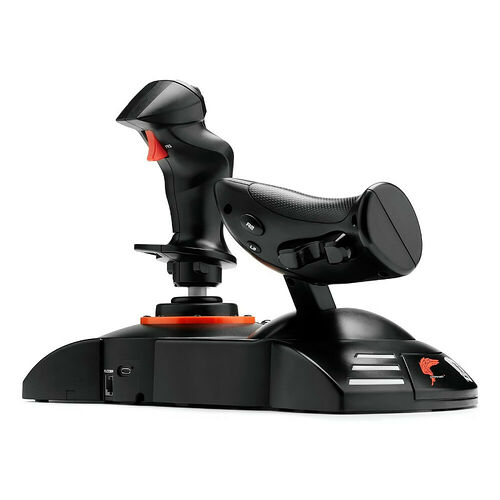 Joystick de vol Logitech avec deux manettes noires et des détails rouges, posé sur sa base noire.