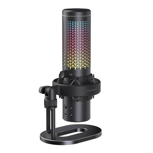 Microphone de bureau Voxara avec un design cylindrique noir et un motif lumineux multicolore sur la partie supérieure. Il est monté sur un support noir avec une prise casque visible sur le côté.