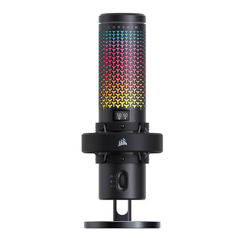 Microphone de streaming Corsair avec un éclairage RGB multicolore en motif de trèfle et un petit écran numérique affichant des réglages.