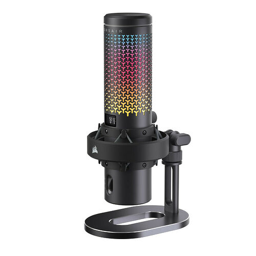Microphone Corsair avec un éclairage RGB multicolore sur la grille et un support de table noir.