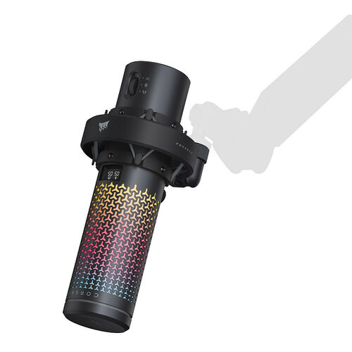 Un microphone Corsair avec un revêtement texturé aux reflets arc-en-ciel et un support de montage intégré.