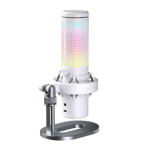 Enceinte connectée blanche avec un éclairage LED multicolore sur le dessus, montée sur un support élégant.