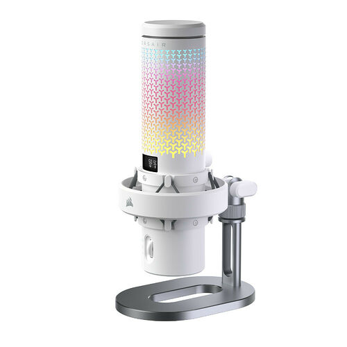 Un microphone Corsair blanc avec un éclairage RGB multicolore sur le corps et un support de montage sur pied métallique.