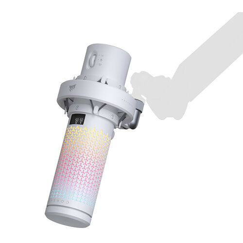 Un ventilateur de boîtier Corsair blanc avec un éclairage RGB multicolore sur sa grille frontale.