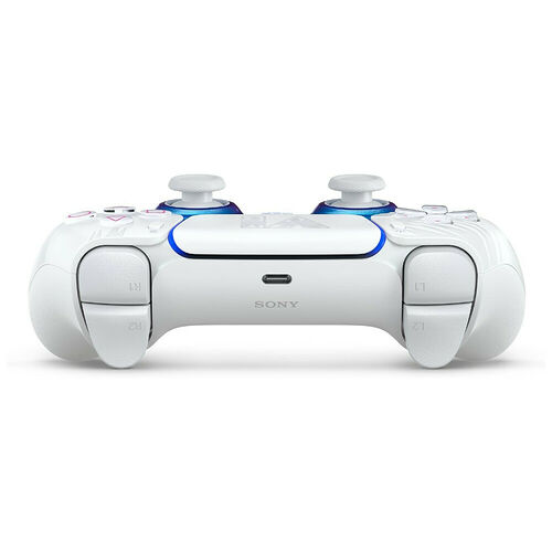 Manette blanche Sony DualShock 4 avec des touches de couleur bleue.