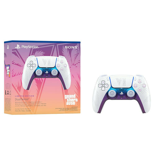 Manette DualSense PlayStation en édition limitée Grand Theft Auto VI, de couleur blanche avec des motifs violets et des détails graphiques du jeu. La manette est présentée à côté de sa boîte officielle Sony PlayStation.