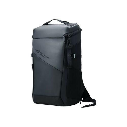 Sac à dos noir Republic of Gamers avec logo ROG argenté sur le côté.