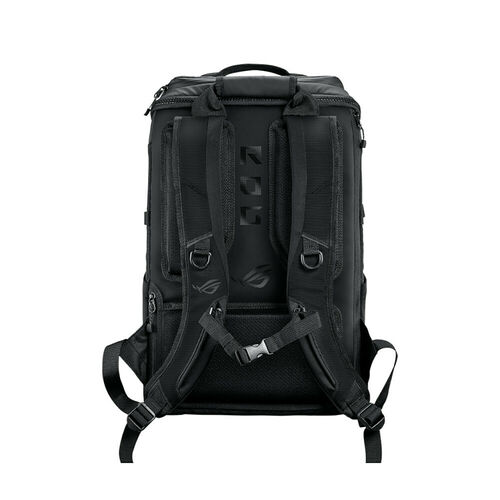 Sac à dos noir de la marque ROG avec des bretelles rembourrées et des sangles de maintien.