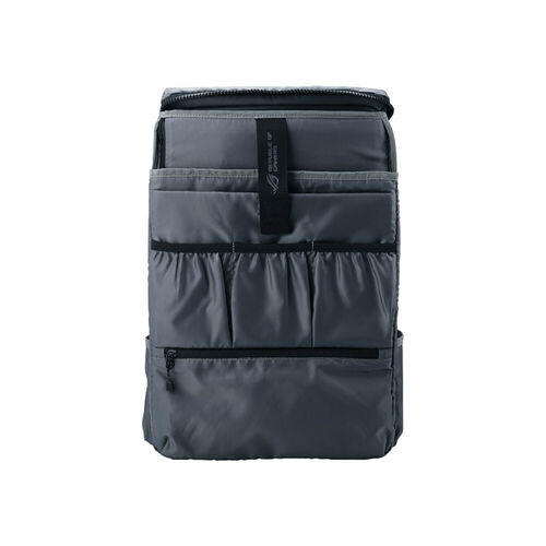 Sac à dos gris de la marque Republic of Gamers avec plusieurs compartiments et poches zippées.