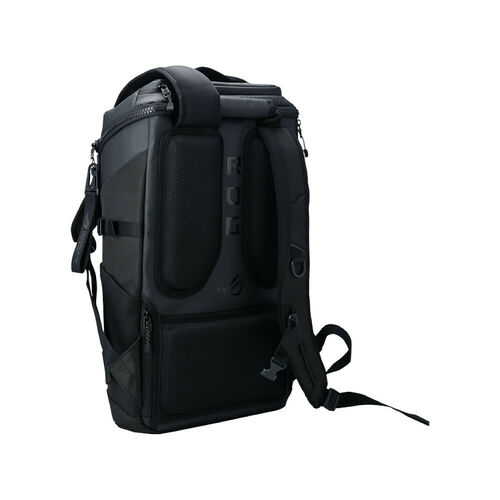 Sac à dos noir de la marque ROG, avec des bretelles rembourrées et des compartiments de rangement visibles.
