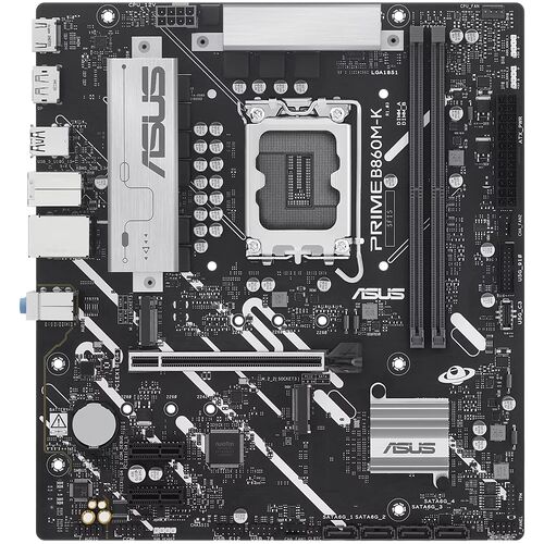 Carte mère ASUS Prime B860M-K avec socket LGA1851, conçue pour les processeurs de dernière génération, présentant un design noir et argenté avec deux emplacements de mémoire RAM.
