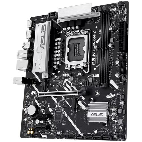 Carte mère ASUS Prime B860M-K avec dissipateur thermique sur le socket et des emplacements pour mémoire RAM et carte graphique.