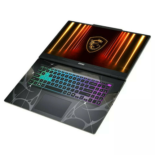 Un ordinateur portable MSI avec un clavier rétroéclairé multicolore et un fond d'écran dynamique affichant le logo de la marque.