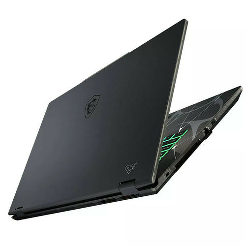 Un ordinateur portable MSI de couleur noire avec le logo de la marque sur le capot. L'ordinateur est présenté légèrement ouvert.