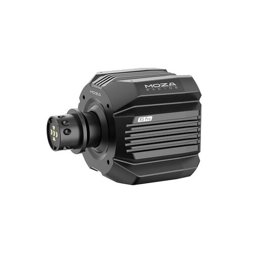 Base de retour de force Moza R5 Pro, un moteur de direction pour simulateur de course de couleur noire avec un design robuste et strié.