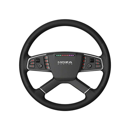 Volant de simulation Moza Racing noir avec boutons de commande intégrés et indicateurs LED colorés sur le moyeu central.
