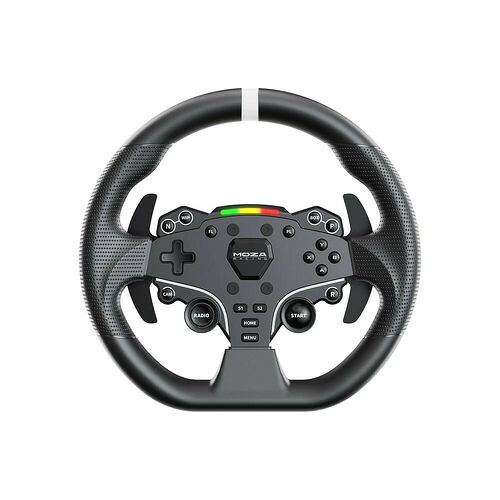 Volant de simulation Moza Racing avec boutons de commande, palettes de changement de vitesse et revêtement en cuir texturé.