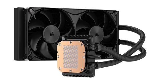 Refroidissement liquide Corsair avec un radiateur à deux ventilateurs noirs et une pompe au dessus avec un capot en cuivre texturé.