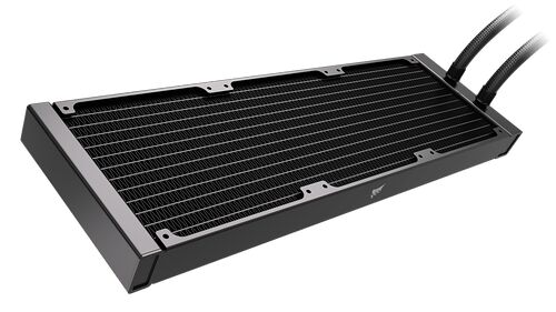 Radiateur de watercooling pour PC avec deux tuyaux flexibles noirs.