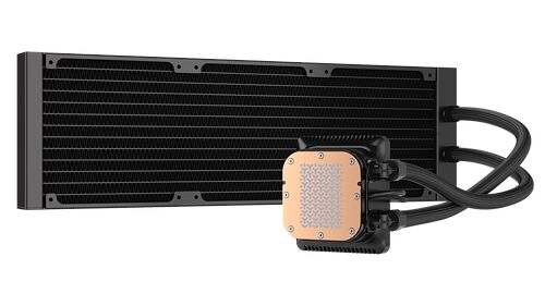 Refroidissement liquide pour PC avec un grand radiateur noir et une pompe à base de cuivre.