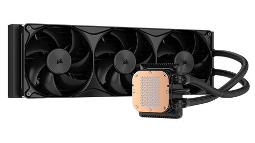Refroidisseur liquide Corsair avec un radiateur à trois ventilateurs noirs et une pompe au dessus avec une plaque de contact en cuivre.