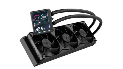 Watercooling Corsair avec un écran LCD affichant la température du CPU et la vitesse du ventilateur, équipé de trois ventilateurs noirs.