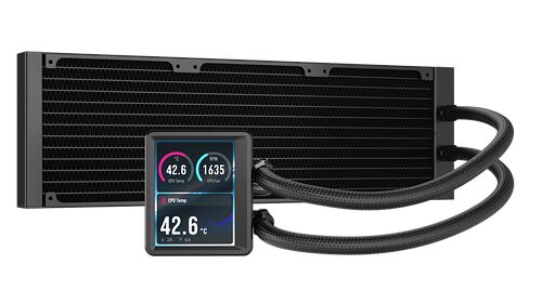Un système de refroidissement liquide avec un radiateur noir et un bloc de pompe équipé d'un écran LCD affichant la température du CPU à 42.6°C et la vitesse du ventilateur.