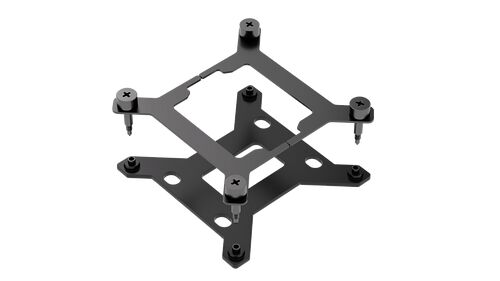 Support de montage métallique pour composants informatiques avec quatre vis de fixation sur fond noir.