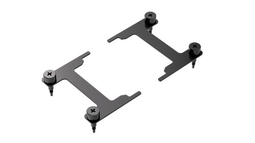Deux supports de montage métalliques noirs avec des vis de fixation, présentés sur un fond noir.
