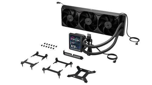 Un kit de refroidissement liquide Corsair avec un radiateur à trois ventilateurs, une pompe dotée d'un écran LCD affichant des données de température, et divers supports de montage.