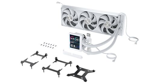 Refroidisseur liquide AIO blanc avec trois ventilateurs et un écran LCD affichant des données de température, accompagné de divers supports de montage.