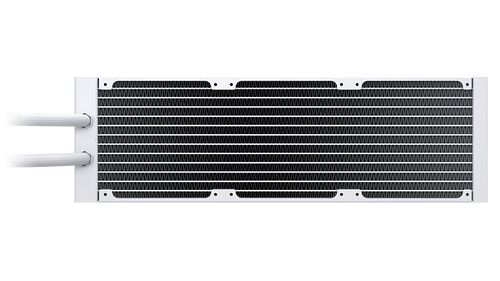 Radiateur de refroidissement liquide blanc avec des tuyaux flexibles sur le côté gauche.