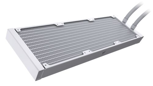 Radiateur de watercooling liquide blanc avec des tuyaux flexibles sur le dessus.