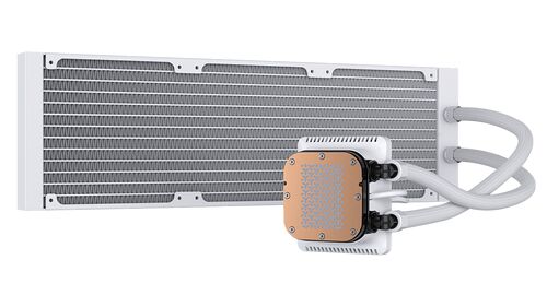 Refroidisseur liquide pour processeur avec un radiateur blanc et une pompe au dessus dont la plaque de contact est en cuivre.