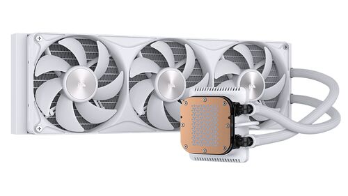 Watercooling AIO blanc avec trois ventilateurs et un bloc de refroidissement au dessus avec une plaque en cuivre.