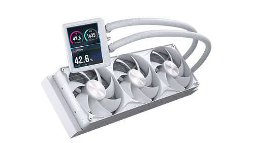Watercooling CPU blanc avec un écran LCD affichant la température du processeur et la vitesse du ventilateur, accompagné de trois ventilateurs blancs.